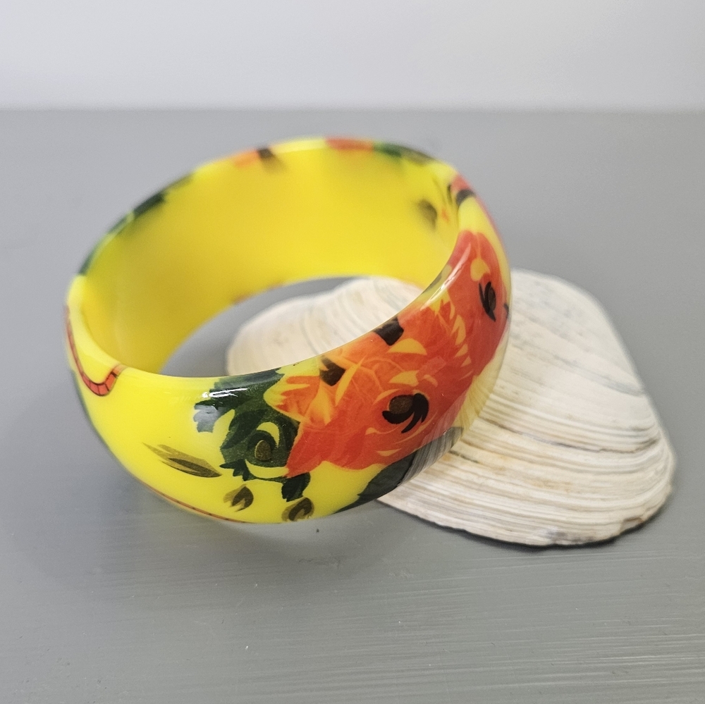 Vintage Floral Yellow Bangle Bracelet 1.25" wide